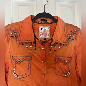 Roar Vibrant Orange Rhinestone Western Style Studded Blouse w Pearl Snaps